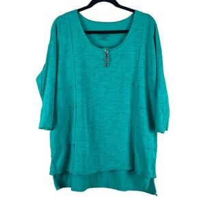 Neon Buddha Teal Green Scoop Neck Button Accents Lagenlook Boho Tunic Top Shirt